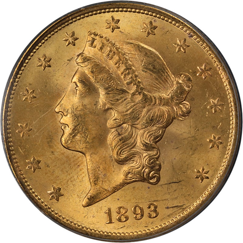1893-S Liberty Gold $20 Coin PCGS MS64 Uncirculated Strong Strike: 1893-S Liberty Gold $20 Coin PCGS MS64 Uncirculated Strong Strike This stunning 1893-S Liberty Gold $20 coin showcases exceptional eye appeal, featuring fantastic luster and a strong strike. With brig