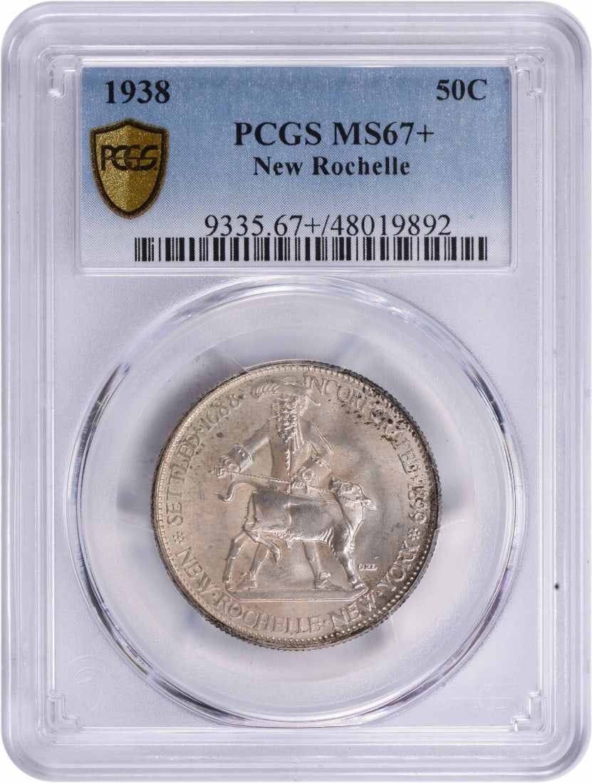 1938 New Rochelle Commemorative Silver Half Dollar MS67 PCGS: 1938 New Rochelle Commemorative Silver Half Dollar MS67 PCGS This 1938 New Rochelle Commemorative Silver Half Dollar is a stunning example of numismatic artistry, graded MS67+ by PCGS. Struck in Phila
