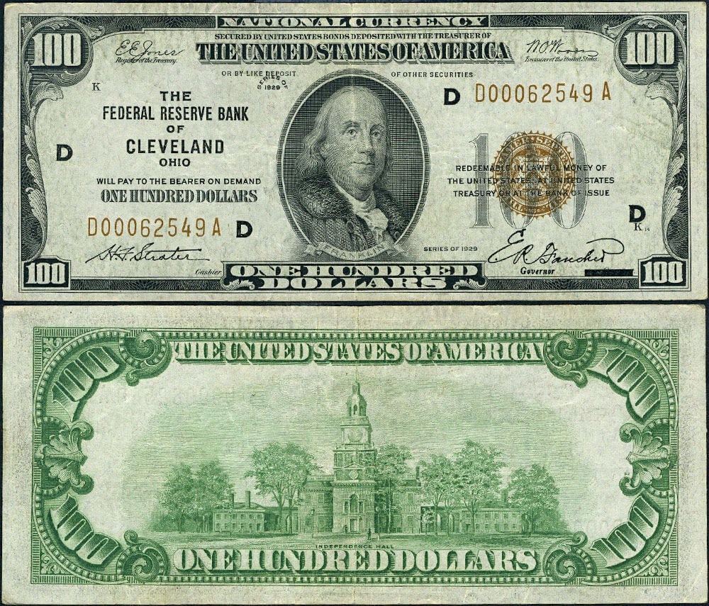 1929 $100 Federal Reserve Note Cleveland D-A Block XF Uncertified (1 of 3)