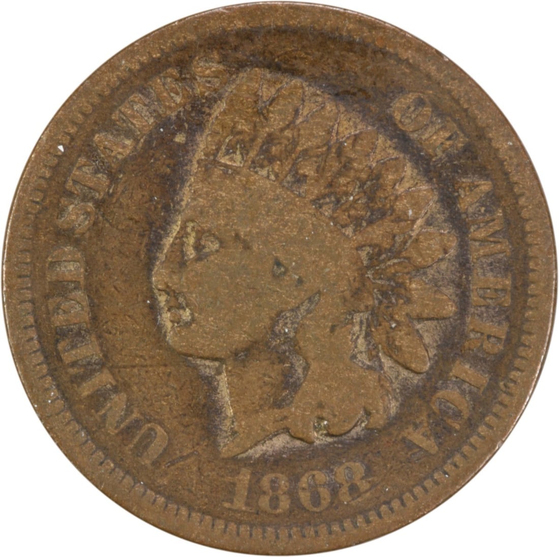 1868 Indian Head Cent G Circulated Uncertified Philadelphia Mint: 1868 Indian Head Cent G Circulated Uncertified Philadelphia Mint This 1868 Indian Cent is a classic piece of American numismatics, featuring the iconic Indian Head design by James Barton Longacre. Min