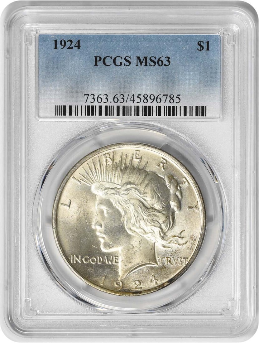 1924 Peace Silver Dollar MS63 PCGS Uncirculated Coin: 1924 Peace Silver Dollar MS63 PCGS Uncirculated Coin This 1924 Peace Silver Dollar is a remarkable piece, featuring a stunning design by Anthony de Francisci. Graded MS63 by PCGS, this uncirculated co