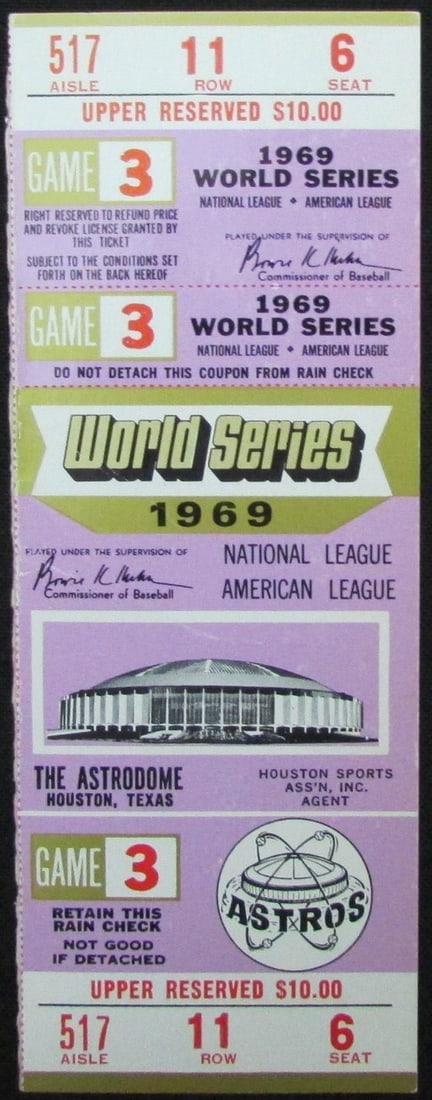 1969 Houston Astros World Series Game 3 Full Phantom Ticket Rare Original (1 of 2)