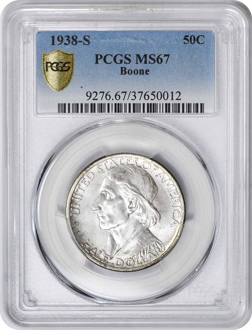 1938-S Boone Commemorative Silver Half Dollar MS67 PCGS 90% Silver: 1938-S Boone Commemorative Silver Half Dollar MS67 PCGS 90% Silver This 1938-S Boone Commemorative Silver Half Dollar is a remarkable collectible, graded MS67 by PCGS, ensuring its exceptional quality