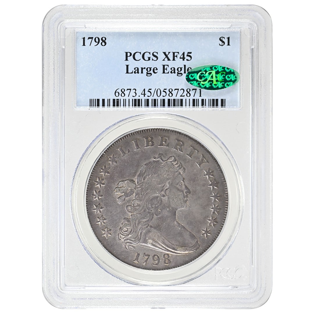 1798 $1 Draped Bust Dollar PCGS XF45 CAC Large Eagle Rare Coin: 1798 $1 Draped Bust Dollar PCGS XF45 CAC Large Eagle Rare Coin This 1798 $1 Draped Bust Dollar is a rare find, certified by PCGS and CAC with a grade of XF45. Originating from the Philadelphia mint, t