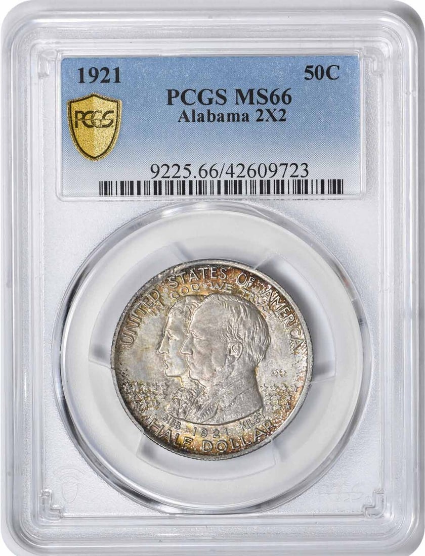 1921 Alabama Commemorative Silver Half Dollar MS66 PCGS Uncirculated: 1921 Alabama Commemorative Silver Half Dollar MS66 PCGS Uncirculated This Alabama 2x2 Commemorative Silver Half Dollar from 1921 features a stunning MS66 grade certification by PCGS, indicating it is