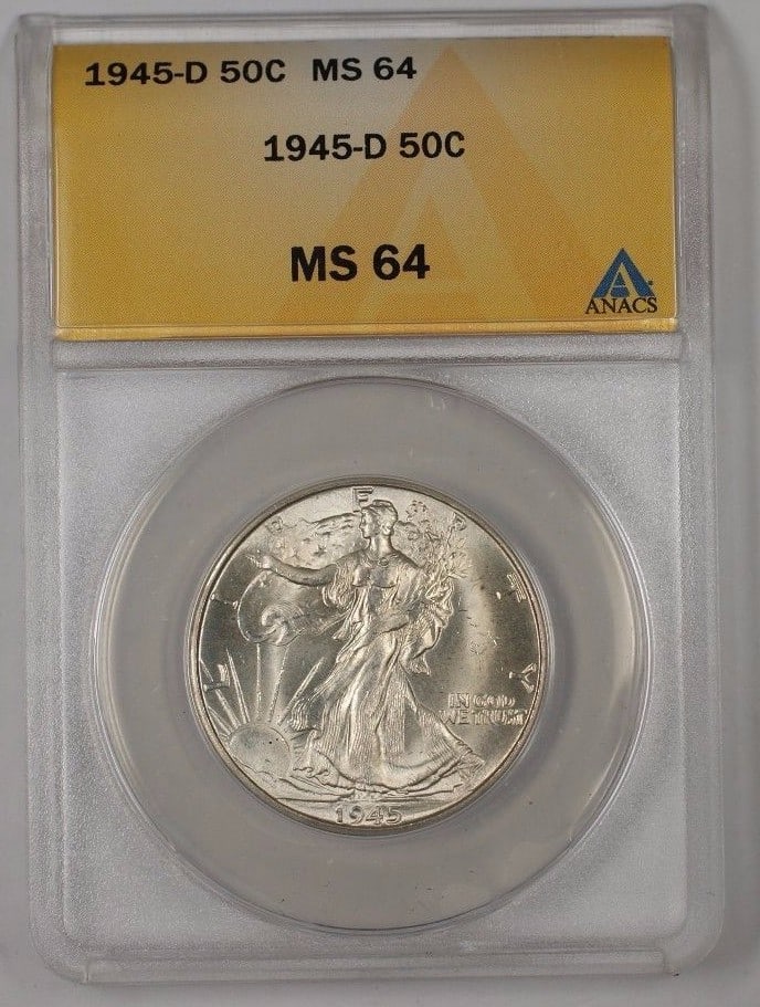 1945-D Walking Liberty Silver Half Dollar Coin ANACS MS 64: 1945-D Walking Liberty Silver Half Dollar Coin ANACS MS 64 This 1945-D Walking Liberty Silver Half Dollar Coin showcases a beautiful design and is a notable piece for collectors. Certified by ANACS wi