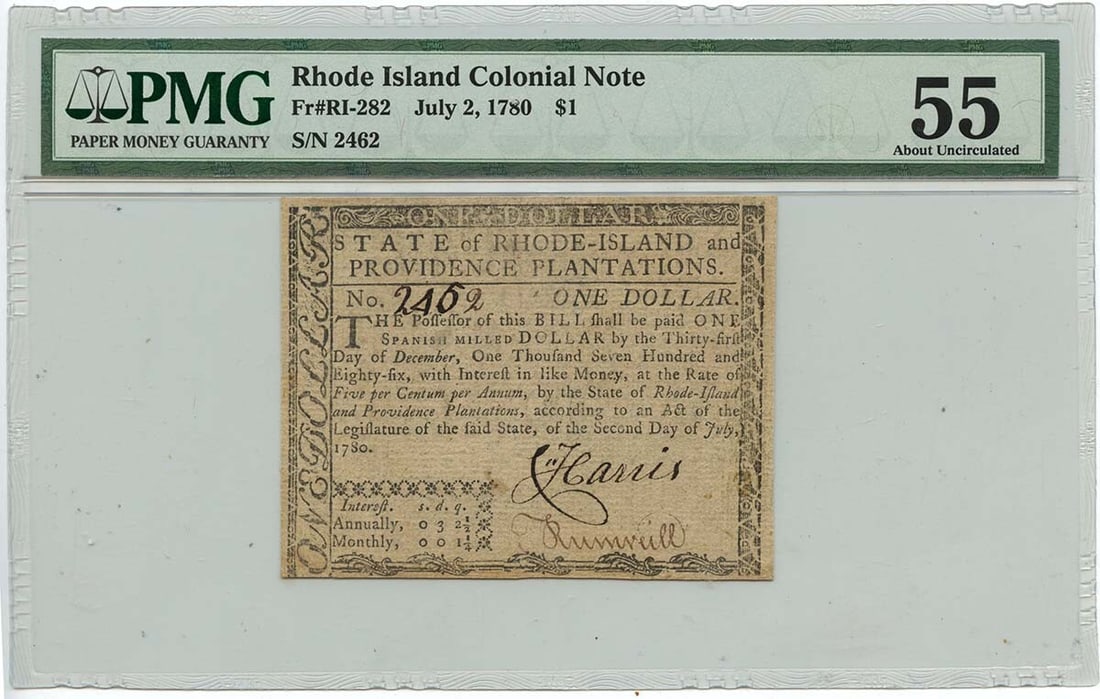 1780 $1 Rhode Island Colonial Note RI-282 PMG AU55 Certified (1 of 2)