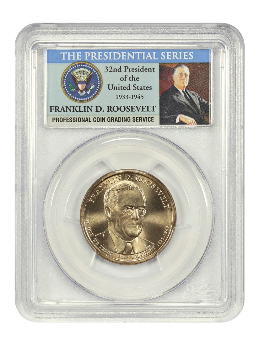 Franklin D Roosevelt 2014 Philadelphia Dollar PCGS MS67 Position B: Franklin D Roosevelt 2014 Philadelphia Dollar PCGS MS67 Position B This is a 2014-P Franklin D. Roosevelt Presidential Dollar graded MS67 by PCGS, featuring Position B. The coin is uncirculated and wa