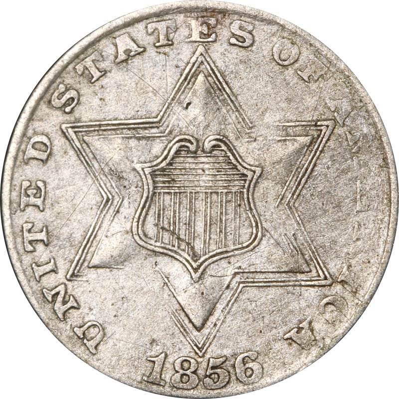 1856 Three Cent Silver Coin Circulated Silver Fineness 0.9 (1 of 2)