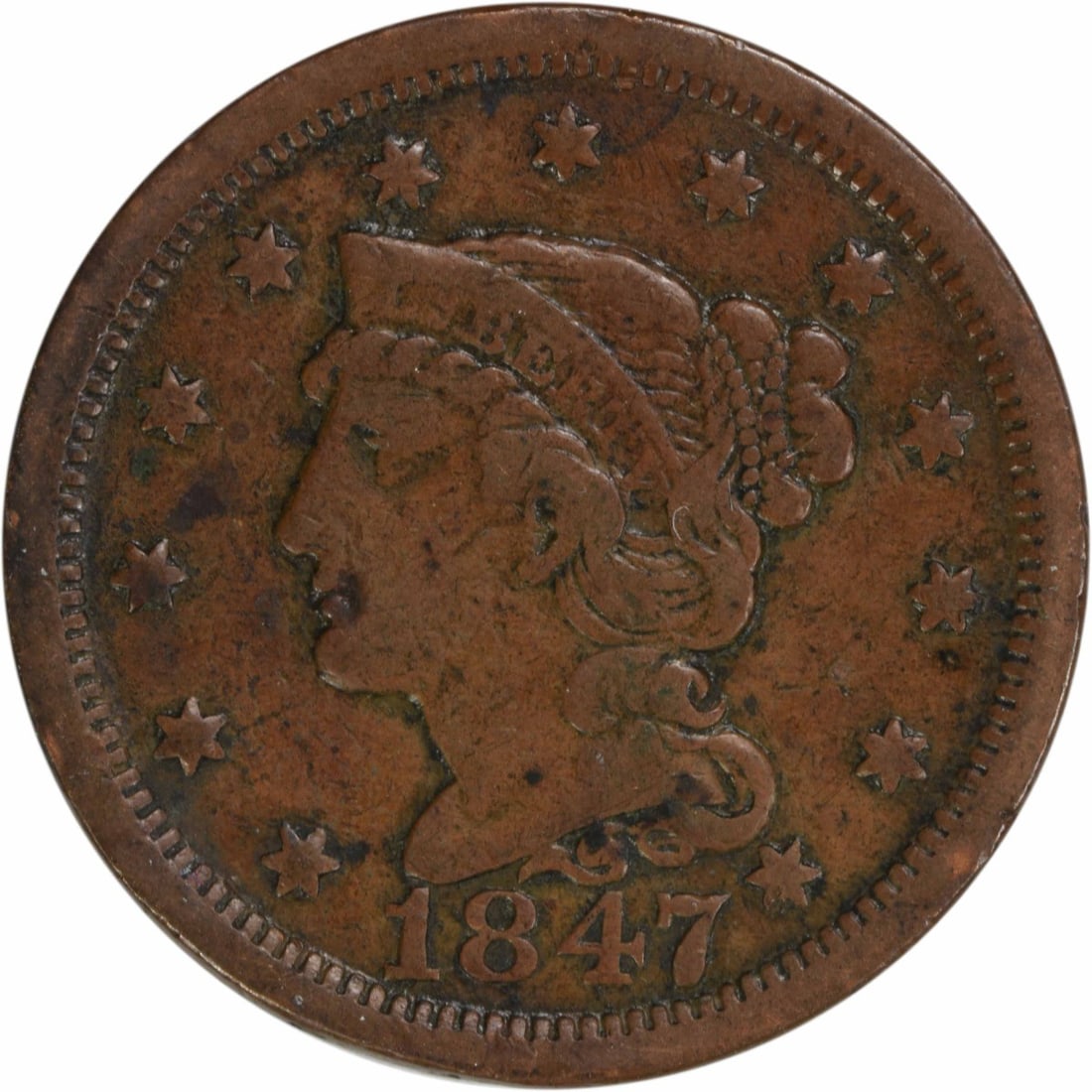 1847 Braided Hair Large Cent VF Uncertified Philadelphia Mint: 1847 Braided Hair Large Cent VF Uncertified Philadelphia Mint This 1847 Large Cent features a classic Braided Hair design by Christian Gobrecht, showcasing the artistry of early American coinage. Stru