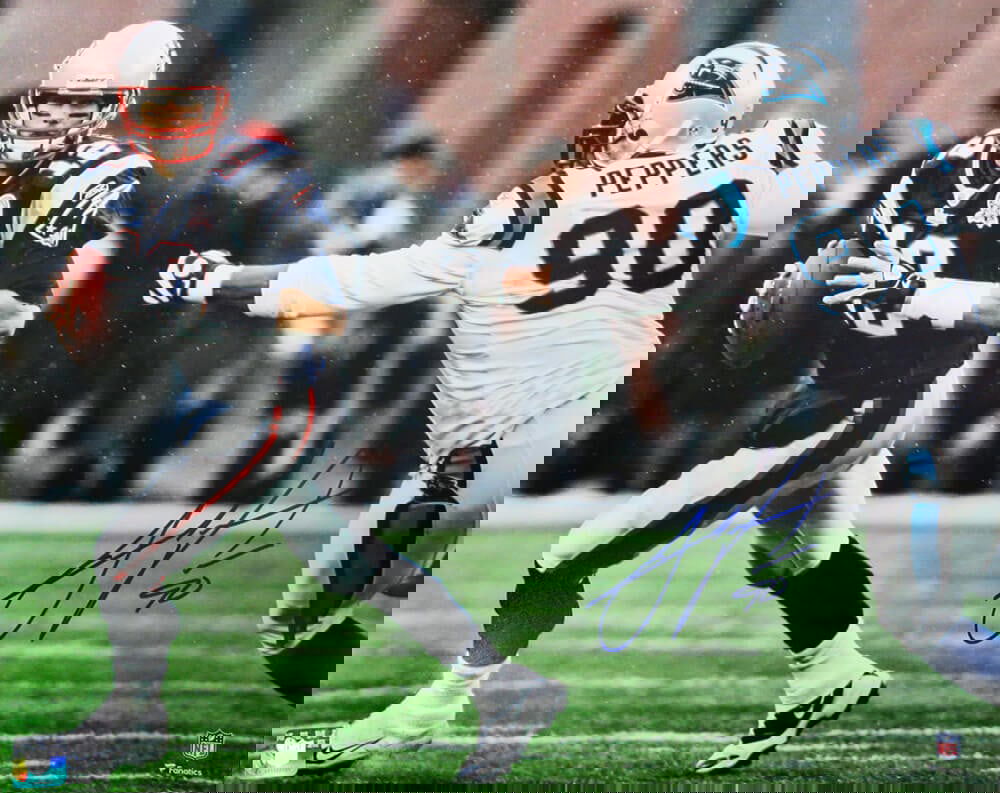 Julius Peppers Signed 16x20 Carolina Panthers Photo with COA: Julius Peppers Signed 16x20 Carolina Panthers Photo with COA This original 16x20 photo captures Julius Peppers in action while chasing Tom Brady, showcasing his remarkable athleticism and skill as a f