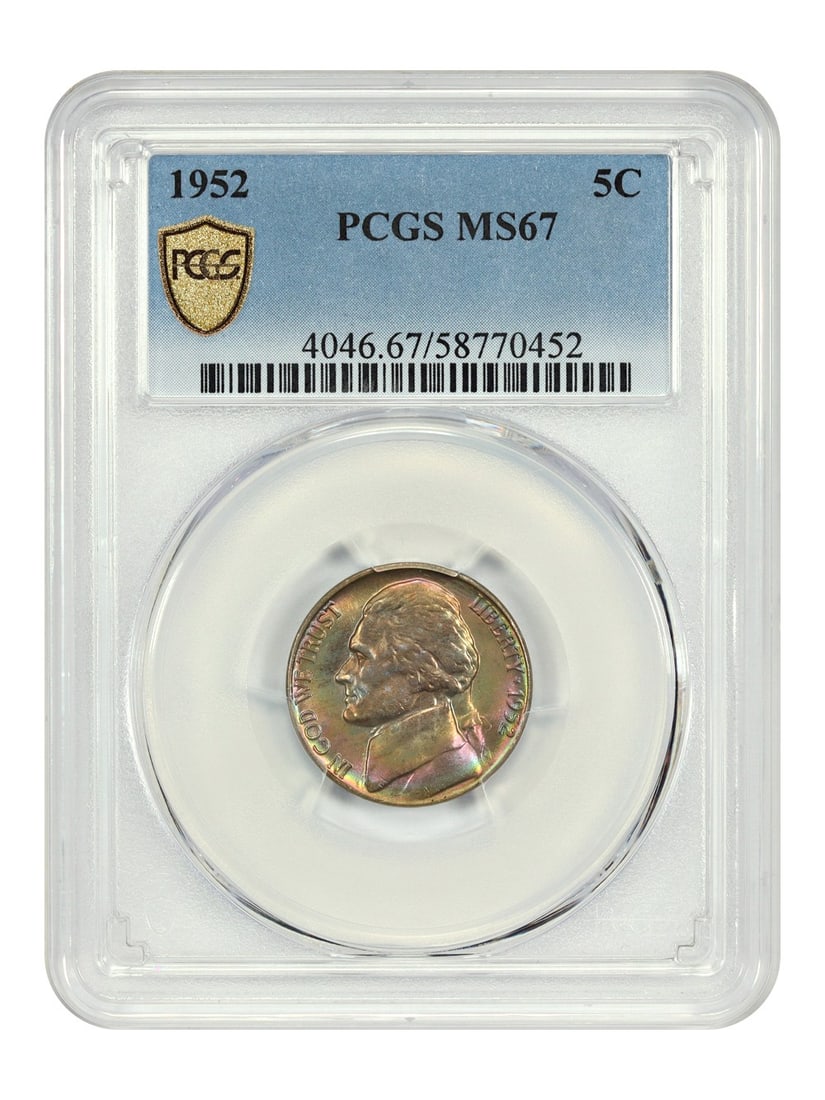 1952 Jefferson Nickel 5C PCGS MS67 Uncirculated Rainbow Toning: 1952 Jefferson Nickel 5C PCGS MS67 Uncirculated Rainbow Toning This 1952 Jefferson Nickel is certified by PCGS with a certification number of 58770452. It is graded MS67, indicating an uncirculated co