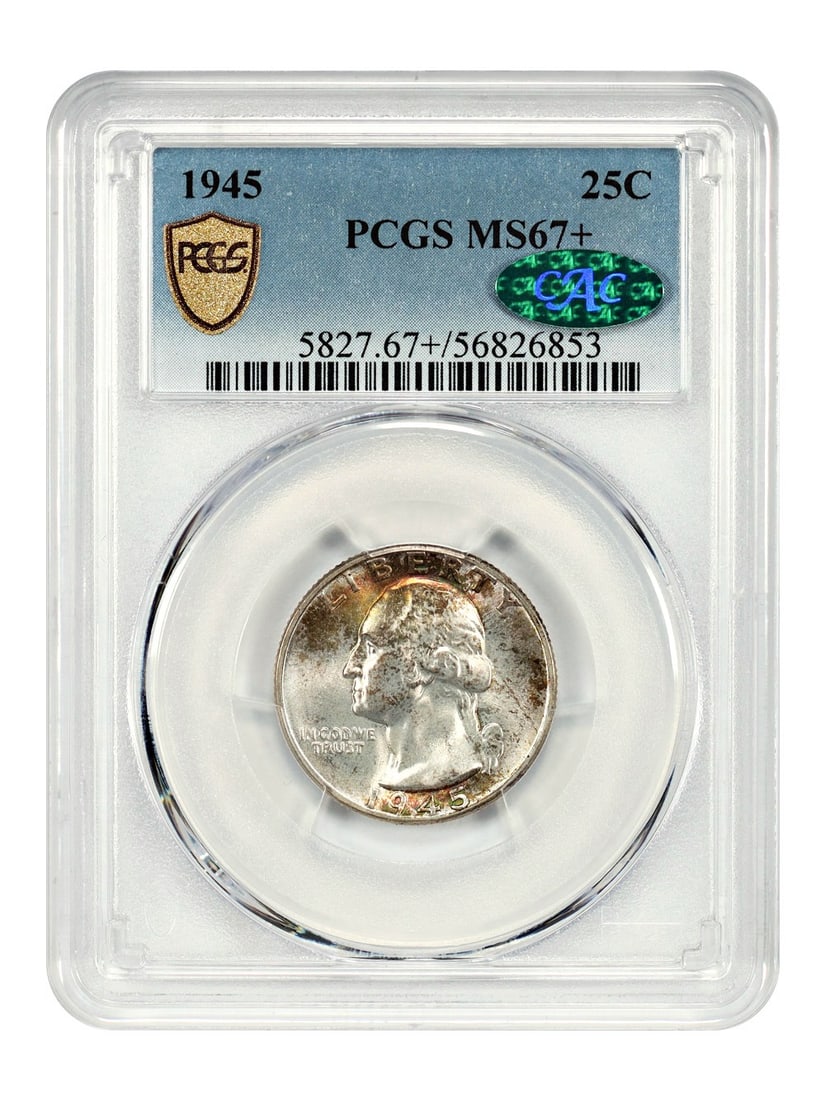 PCGS CAC MS67 Plus 1945 Washington Quarter with Rainbow Obverse Toning (1 of 4)