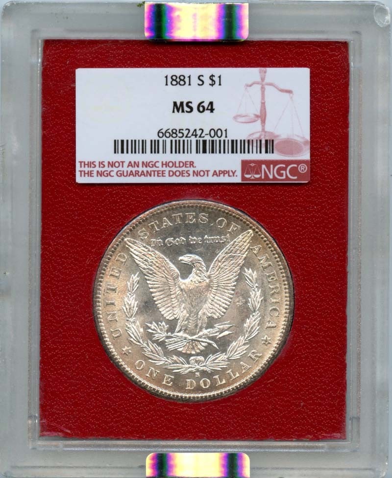 1881-S NGC MS64 Morgan Dollar Uncirculated San Francisco Coin: 1881-S NGC MS64 Morgan Dollar Uncirculated San Francisco Coin This 1881-S Morgan Dollar is a stunning piece of history, certified by NGC with a grade of MS64, indicating its uncirculated condition. Mi