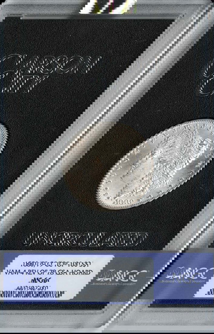 1880/79-CC Morgan Dollar GSA Hoard NGC MS66 Uncirculated: 1880/79-CC Morgan Dollar GSA Hoard NGC MS66 Uncirculated This stunning 1880/79-CC Morgan Dollar, part of the GSA Hoard, is graded MS66 by NGC, ensuring its exceptional quality and preservation. It fea