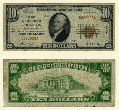 $10 1929 T-1 National Bank Note Scranton PA Charter 77 (1 of 1)