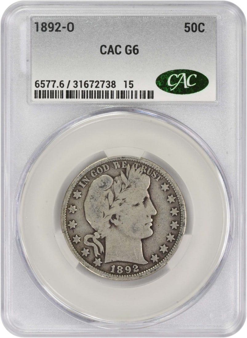 1892-O Barber Half Dollar 50C G06 CACG Certified: 1892-O Barber Half Dollar 50C G06 CACG Certified This 1892-O Barber Silver Half Dollar is a noteworthy collectible from the United States, certified by CACG. The coin features a design by Charles E. B