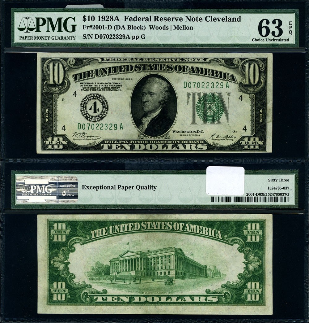 1928-A $10 Federal Reserve Note PMG CU63 EPQ D-A Block (1 of 3)