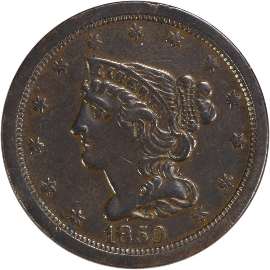 1850 Half Cent Braided Hair Coin EF Uncertified Copper Philadelphia: 1850 Half Cent Braided Hair Coin EF Uncertified Copper Philadelphia This 1850 Half Cent features a design by Christian Gobrecht, showcasing the Braided Hair motif. The coin is in an EF (Extremely Fine