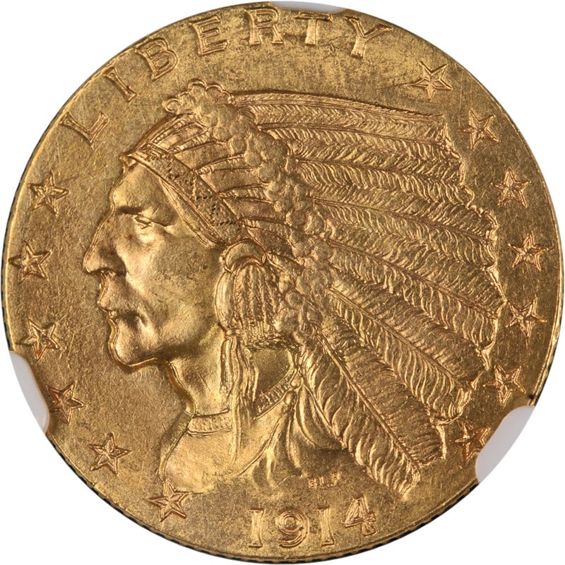 1914-D Indian Gold $2.50 NGC MS64 Key Date Coin with Strong Strike (1 of 4)