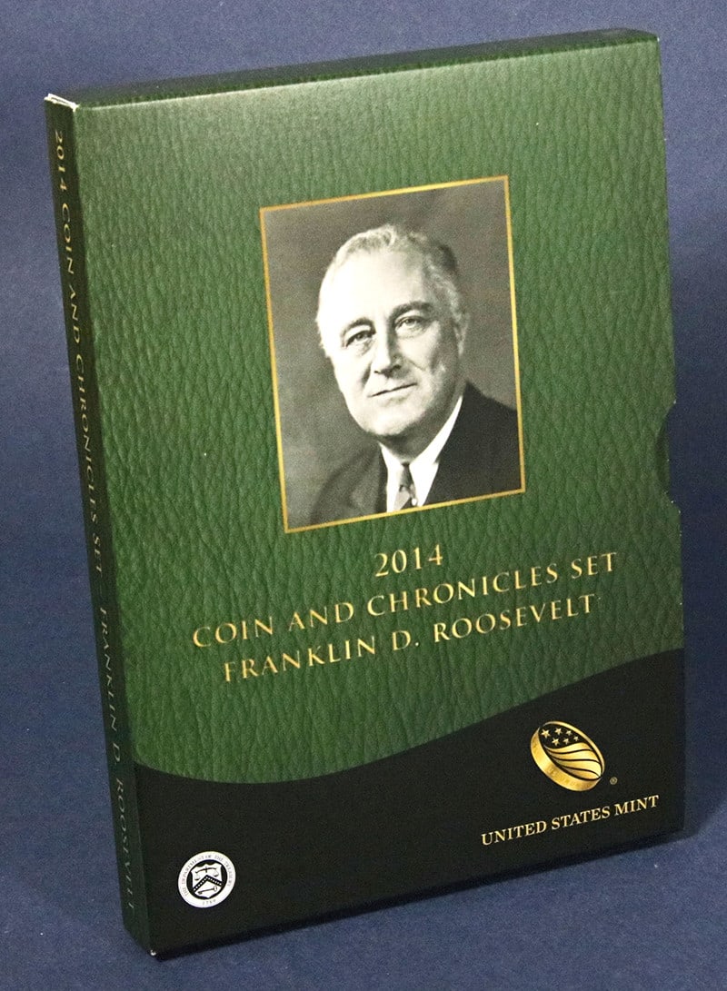2014 Roosevelt Coin and Chronicles Set with OGP and Medals: 2014 Roosevelt Coin and Chronicles Set with OGP and Medals This 2014 Franklin D. Roosevelt Coin and Chronicles Set includes an uncirculated Proof Presidential Dollar, a Proof Dime, a 1 oz .999 silver