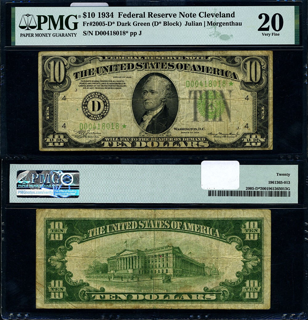 1934 $10 Federal Reserve Note Cleveland D* Block VF20 Circulated (1 of 3)