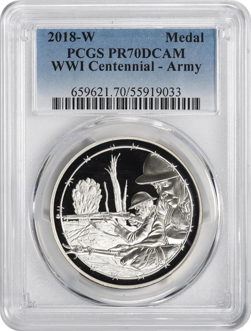 2018-W World War I Centennial Army Silver Medal PR70DCAM PCGS Certified: 2018-W World War I Centennial Army Silver Medal PR70DCAM PCGS Certified This 2018-W World War I Centennial Army Silver Medal, certified by PCGS, is a remarkable collectible piece commemorating a signi