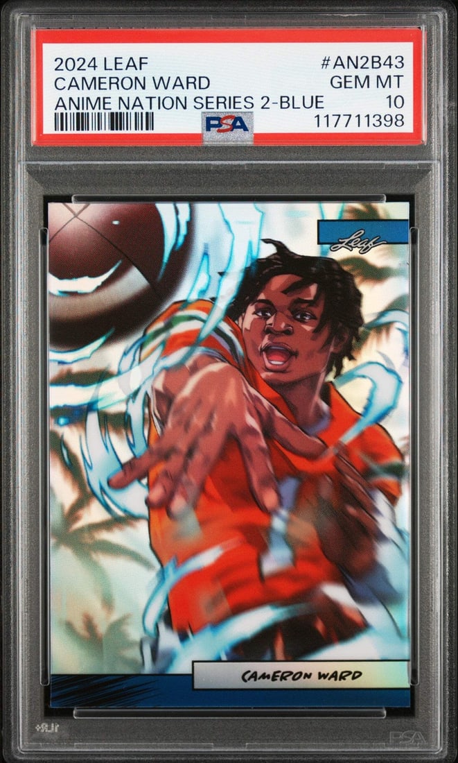 2024 Leaf Cam Ward #BLUE Anime Nation Football Card PSA 10 /75: 2024 Leaf Cam Ward #BLUE Anime Nation Football Card PSA 10 /75 This is a Graded 2024 Leaf Cam Ward #BLUE Anime Nation Series 2 /75 Football Card, featuring the talented athlete Cam Ward. The card hold