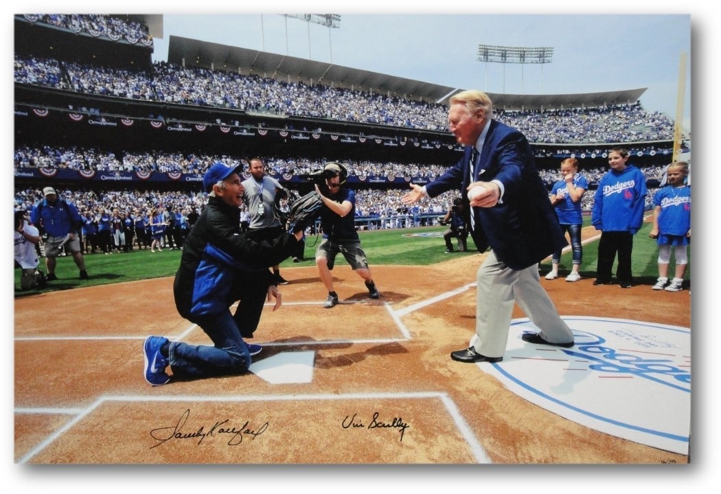 Vin Scully Sandy Koufax Dual Signed 22x32 Canvas Limited Edition: Vin Scully Sandy Koufax Dual Signed 22x32 Canvas Limited Edition This stunning 22"x32" canvas features dual signatures from legendary broadcaster Vin Scully and Hall of Fame pitcher Sandy Koufax, maki