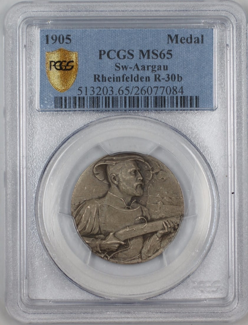 1905 Silver Swiss Shooting Medal PCGS MS-65 Aargau-Rheinfelden: 1905 Silver Swiss Shooting Medal PCGS MS-65 Aargau-Rheinfelden This 1905 Aargau-Rheinfelden Switzerland Silver Swiss Shooting Medal is a remarkable piece of history, certified by PCGS with a grade of