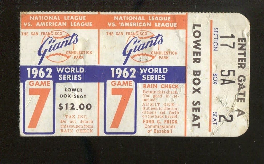 1962 World Series Yankees vs Giants Original Ticket Stub Game 7 (1 of 2)