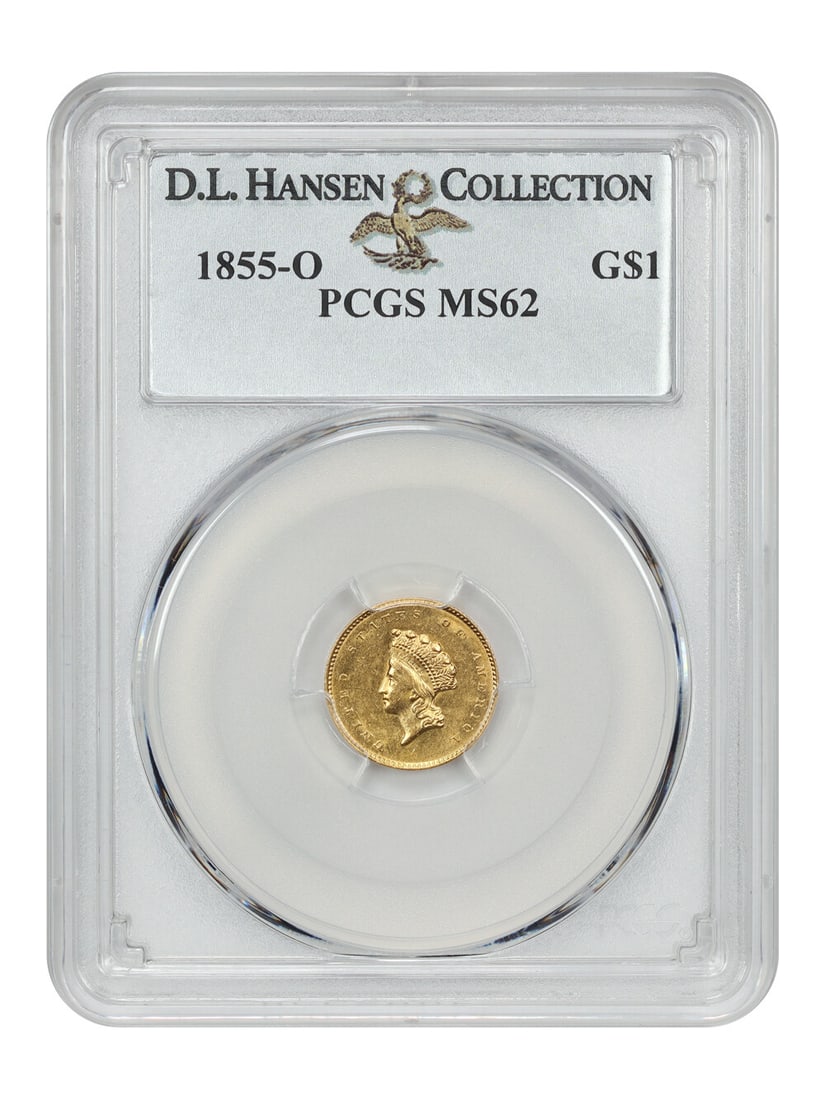1855-O G$1 Gold Dollar PCGS MS62 Lemon-Gold Uncirculated: 1855-O G$1 Gold Dollar PCGS MS62 Lemon-Gold Uncirculated This 1855-O G$1 is a remarkable example of a Type 2 gold dollar, certified by PCGS with a grade of MS62. Struck at the New Orleans mint, this c
