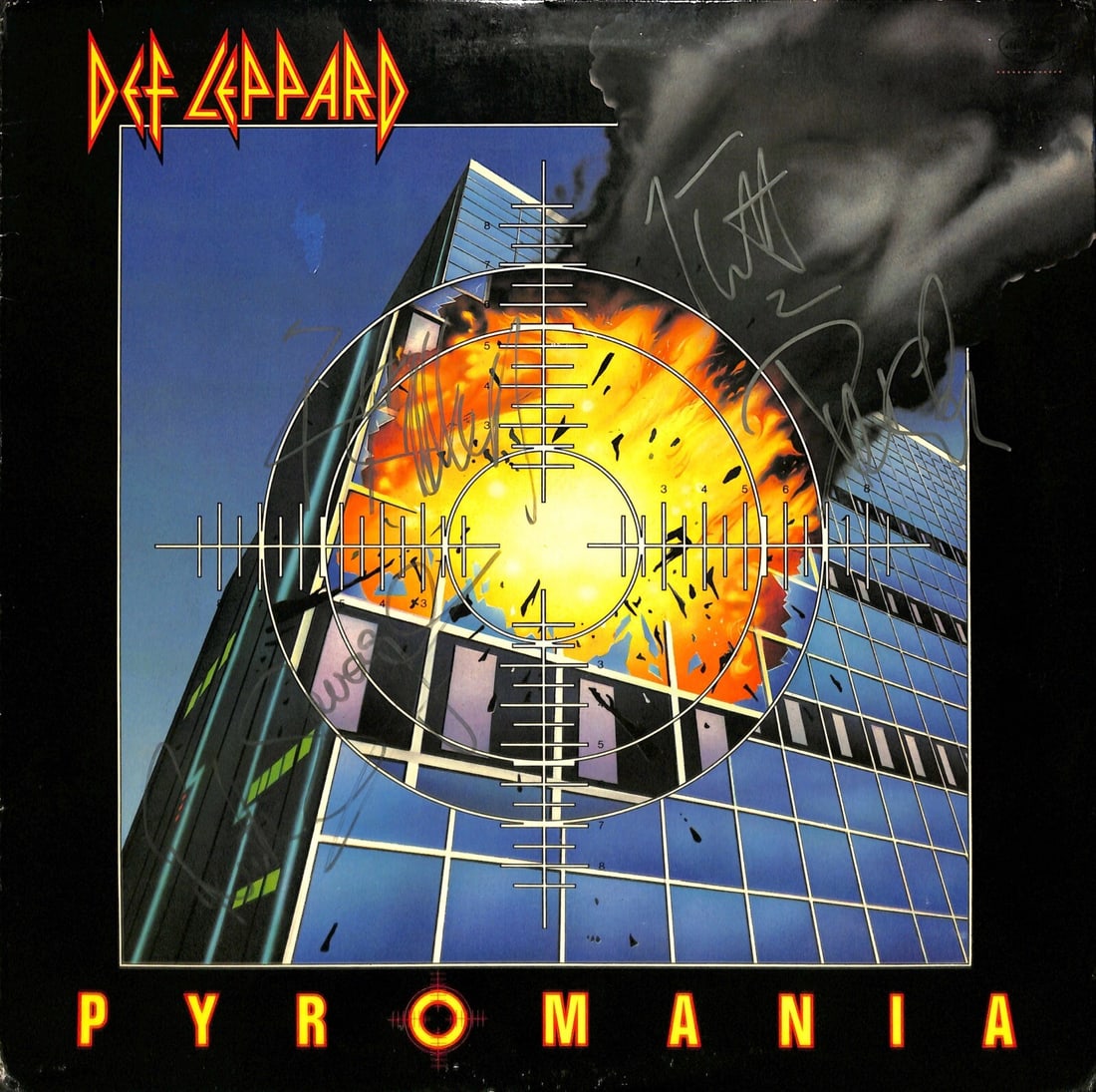 Def Leppard Pyromania Signed Vinyl Album with Beckett LOA x4 Autographs: Def Leppard Pyromania Signed Vinyl Album with Beckett LOA x4 Autographs This autographed vinyl album features the classic "Pyromania" by Def Leppard, signed by the band members in silver permanent mar