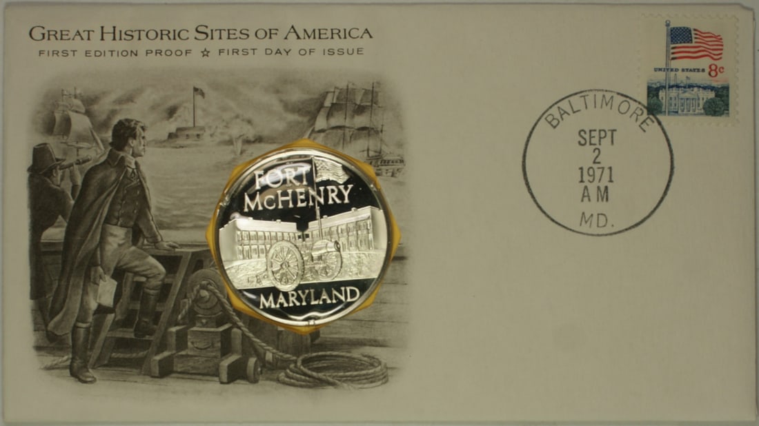 1971 Franklin Mint Baltimore Historic Site Silver Medal First Day Cover: 1971 Franklin Mint Baltimore Historic Site Silver Medal First Day Cover This 1971 Baltimore Maryland Great Historic Site Medal is a remarkable collectible featuring stunning silver composition with a