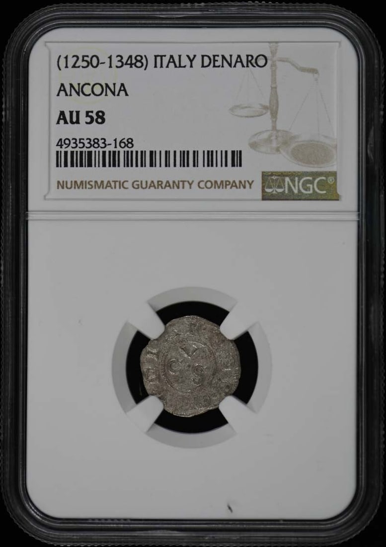 1250-1348 Italy Ancona Denaro Coin NGC AU58 Certified: 1250-1348 Italy Ancona Denaro Coin NGC AU58 Certified This item is a circulated Denaro coin from Ancona, Italy, dating back to the years 1250-1348. It has been certified by NGC with a grade of AU58, i