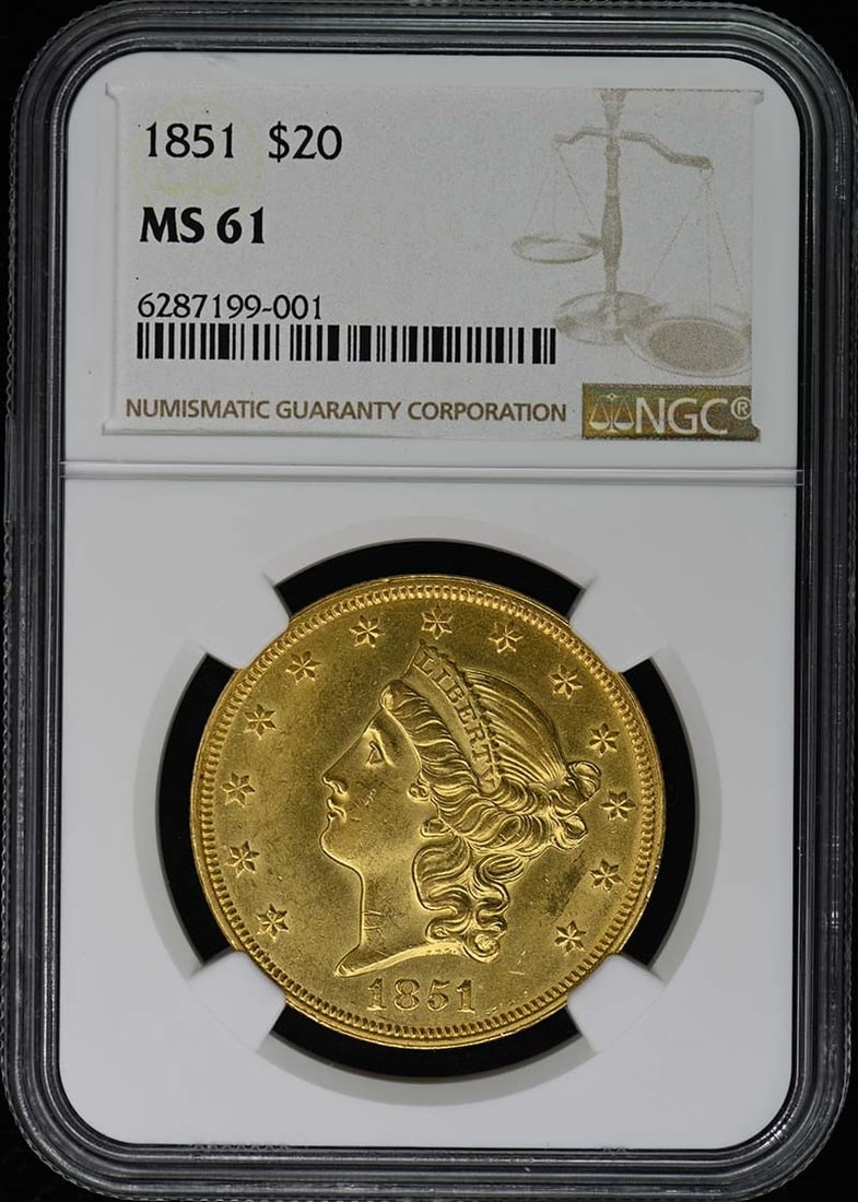 1851 Liberty Head Double Eagle $20 NGC MS61 Uncirculated: 1851 Liberty Head Double Eagle $20 NGC MS61 Uncirculated This 1851 Liberty Double Eagle Type 1 $20 coin is certified by NGC with a grade of MS61, indicating its uncirculated condition. Minted in Phila