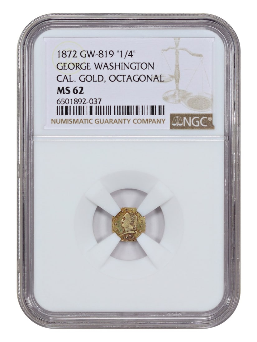 1872 California Fractional 25C Gold Charm NGC MS62: 1872 California Fractional 25C Gold Charm NGC MS62 This rare California fractional gold coin, known as a "1/4 Gold Charm," showcases strong luster and scattered reddish tones, making it an exceptional