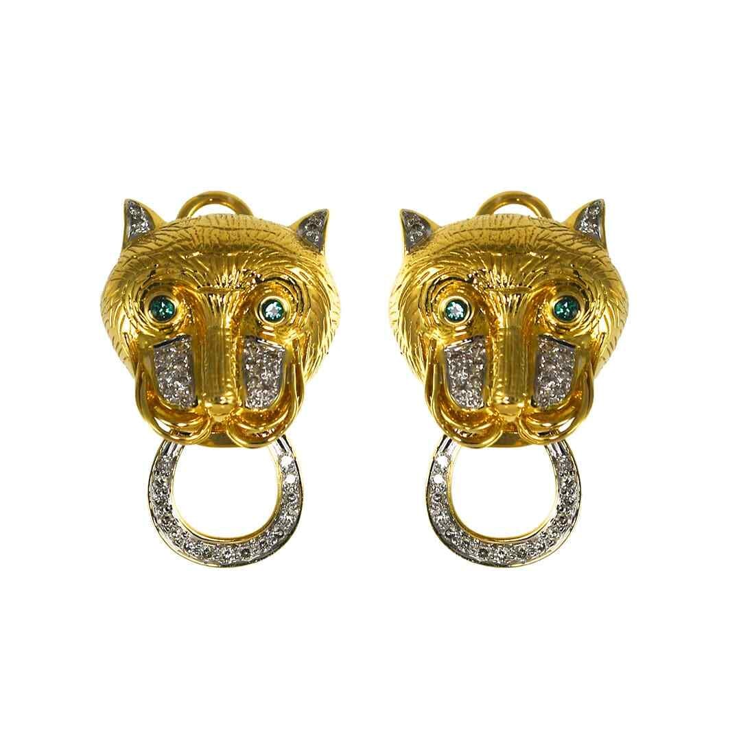 18K Yellow Gold Huggie Tiger Head Diamond Earrings 0.25ctw (1 of 7)