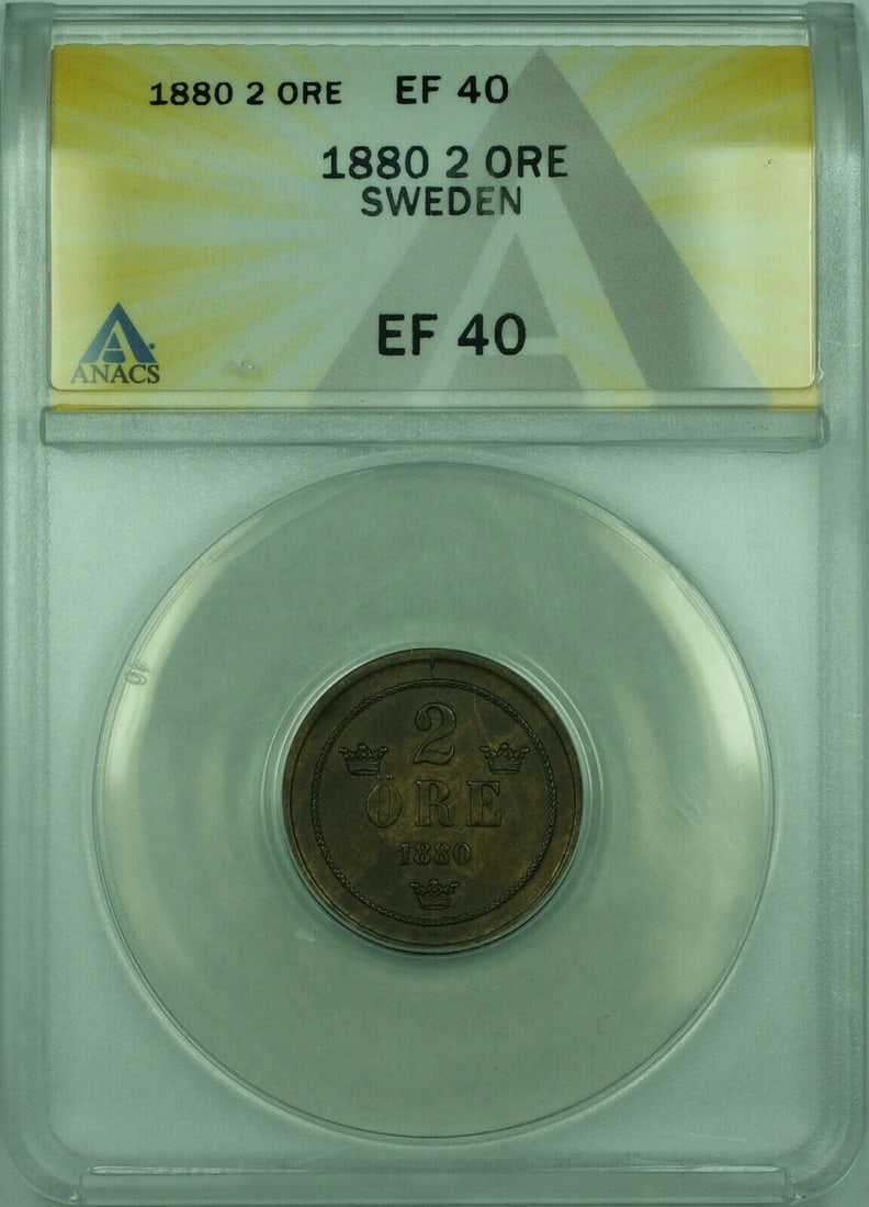 1880 Sweden ANACS Certified EF 40 Large Letters 2 Ore Coin KM#746: 1880 Sweden ANACS Certified EF 40 Large Letters 2 Ore Coin KM#746 This historical 1880 2 Ore coin from Sweden is a remarkable collectible for numismatists. Certified by ANACS with a grade of EF 40, th