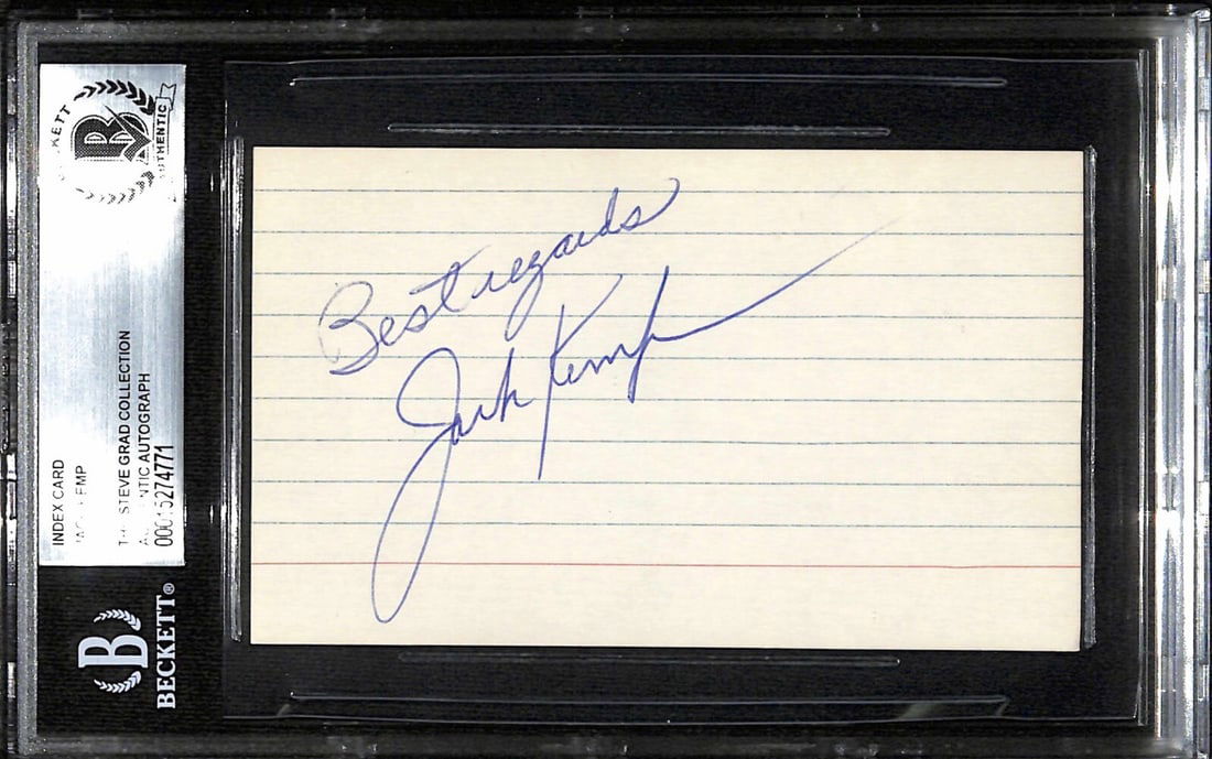 Jack Kemp Signed 3x5 Index Card with Beckett Authentication: Jack Kemp Signed 3x5 Index Card with Beckett Authentication This is a signed 3x5 index card featuring the autograph of Jack Kemp, a prominent United States Representative and former AFL quarterback. T