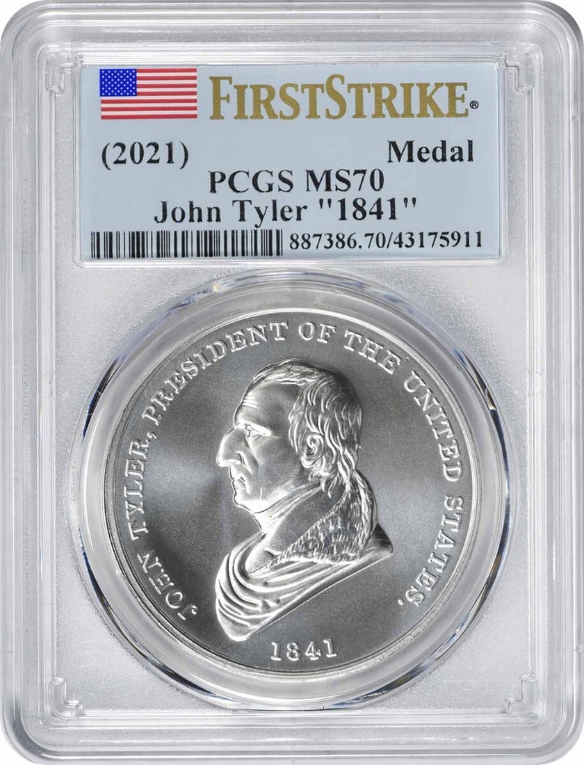 2021 John Tyler Silver Medal MS70 PCGS 1 oz 99.9% Silver: 2021 John Tyler Silver Medal MS70 PCGS 1 oz 99.9% Silver This stunning 2021 John Tyler "1841" Silver Medal is a remarkable collector's piece, certified by PCGS with a perfect grade of MS70 First Strik