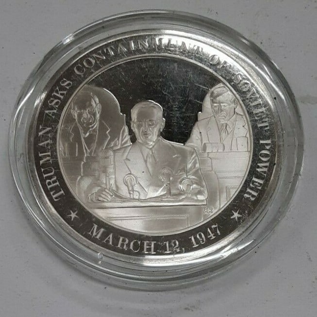 Franklin Mint 1947 Truman Doctrine Sterling Silver Medal Uncirculated: Franklin Mint 1947 Truman Doctrine Sterling Silver Medal Uncirculated This Franklin Mint medal commemorates the 1947 Truman Doctrine, a significant moment in U.S. history. Crafted in the United States