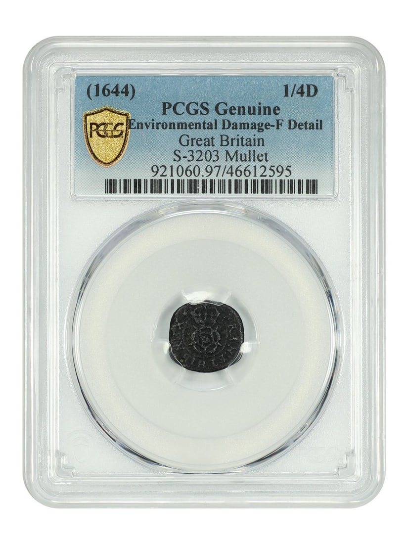 1644 Great Britain Type 3 Rose Farthing Uncertified S-3203: 1644 Great Britain Type 3 Rose Farthing Uncertified S-3203 This is a historical Great Britain 1/4D coin, specifically a Type 3 Rose farthing from 1644, noted for its unique design features including a