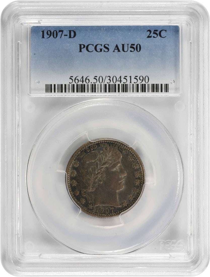 1907-D Barber Silver Quarter AU50 Certified PCGS 25C Coin (1 of 2)