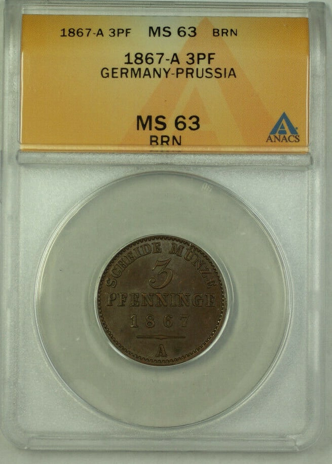 1867-A Prussia 3 Pfennig Coin ANACS MS 63 Silver Uncirculated (1 of 2)