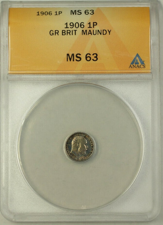 1906 Great Britain Maundy Silver Penny Coin ANACS MS 63 Uncirculated: 1906 Great Britain Maundy Silver Penny Coin ANACS MS 63 Uncirculated This 1906 Great Britain Maundy Silver Penny Coin is a remarkable piece for collectors. It features a stunning uncirculated finish a