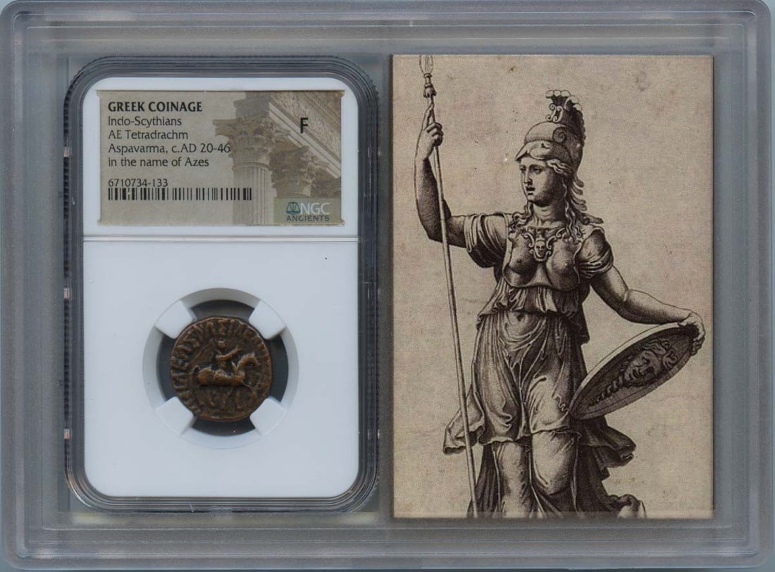 Indo-Scythian BI Tetradrachm c.AD20-46 NGC Certified Fine 12: Indo-Scythian BI Tetradrachm c.AD20-46 NGC Certified Fine 12 This Indo-Scythian BI Tetradrachm, dated around 20-46 AD, features a fine grade (F12) as certified by NGC (Certification Number: 6710734134
