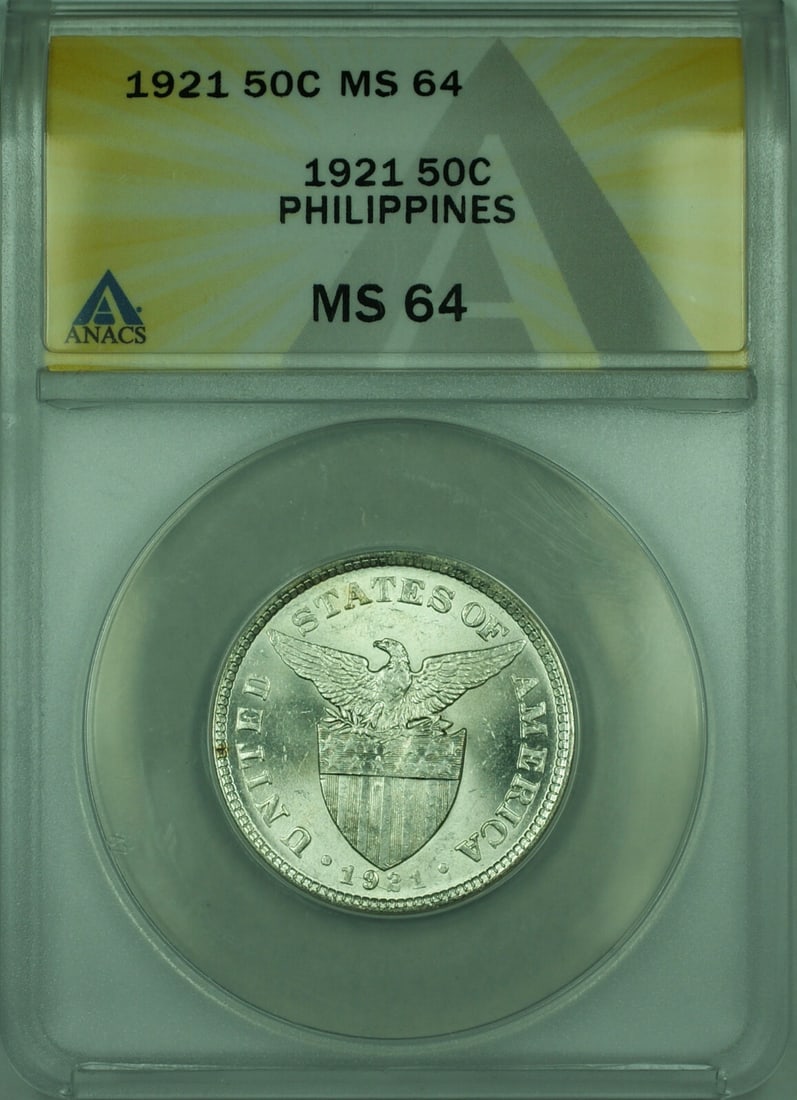 1921 Philippines 50C ANACS MS-64 Silver Coin KM#171 Uncirculated (1 of 2)