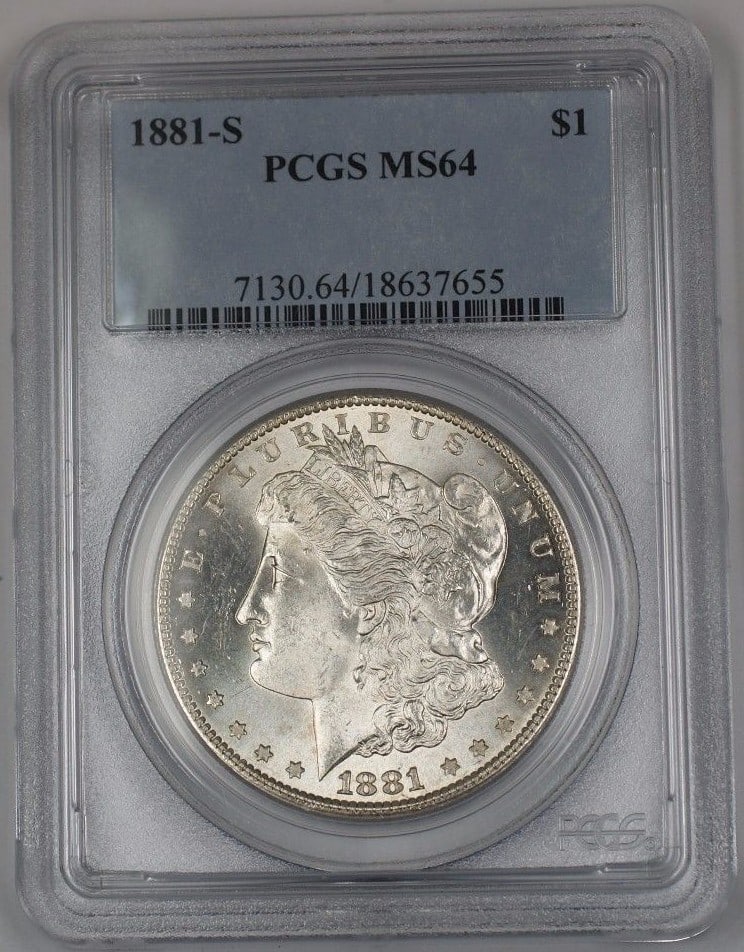 1881-S Morgan Silver Dollar Coin PCGS MS-64 Uncirculated San Francisco: 1881-S Morgan Silver Dollar Coin PCGS MS-64 Uncirculated San Francisco This 1881-S US Morgan Silver Dollar is a remarkable piece for collectors, certified by PCGS with a grade of MS 64. Struck in San