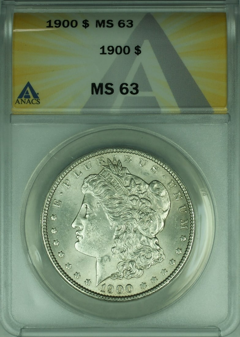 1900 Morgan Silver Dollar $1 Coin ANACS MS-63 Uncirculated: 1900 Morgan Silver Dollar $1 Coin ANACS MS-63 Uncirculated This 1900 Morgan Silver Dollar is a remarkable collectible coin, certified by ANACS with a grade of MS-63. Struck at the Philadelphia Mint, t